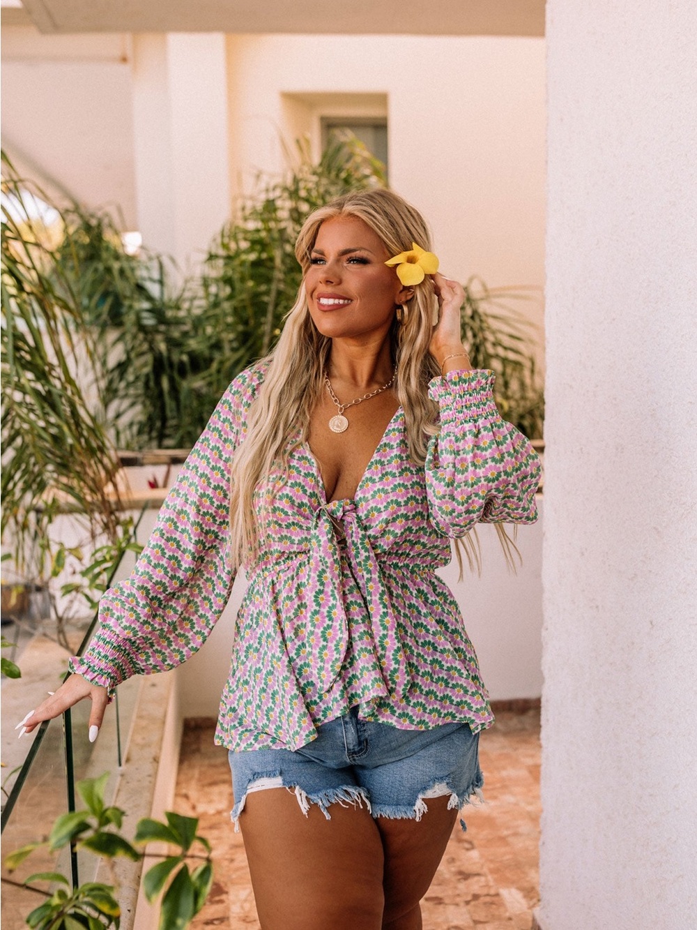 Tie-Front Floral Peasant Blouse - Pink & Green